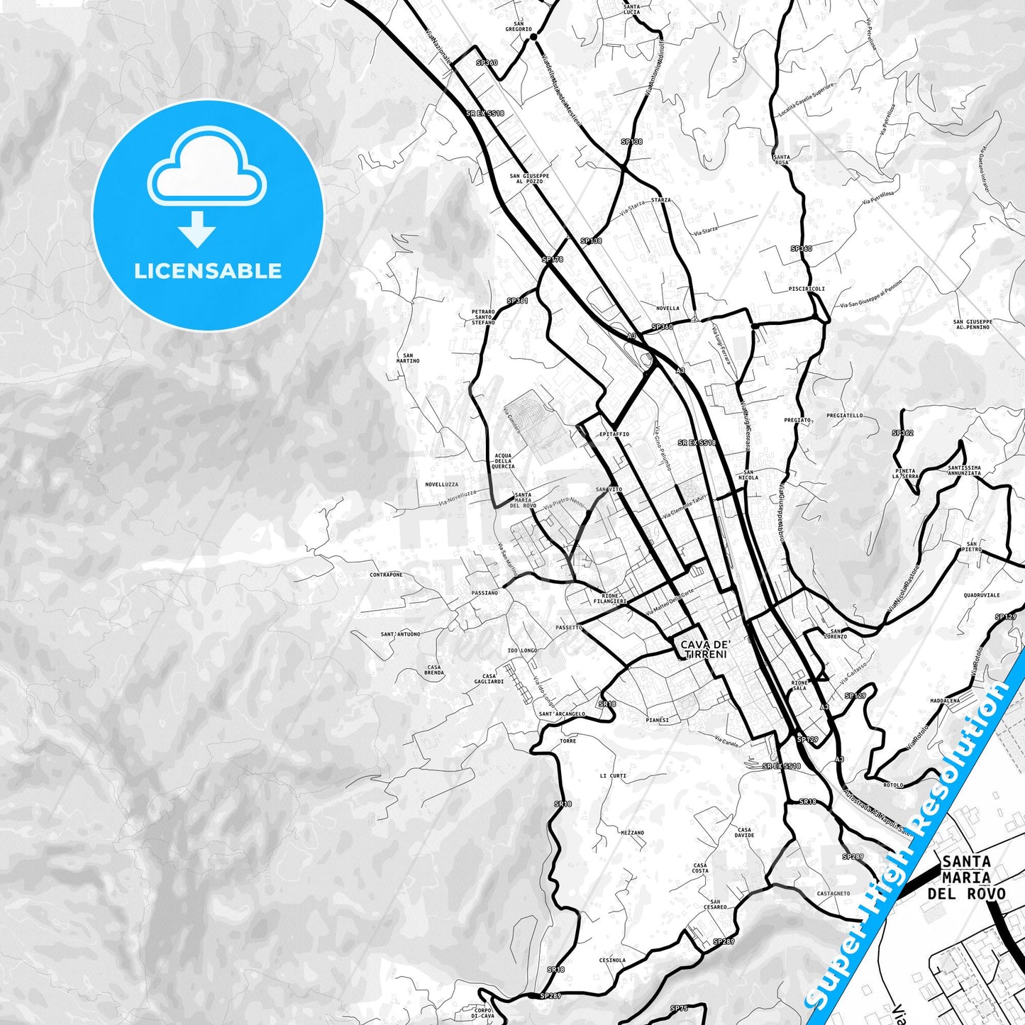 Cava de Tirreni, Italy Light Map with Street Names, City Names, and Districts