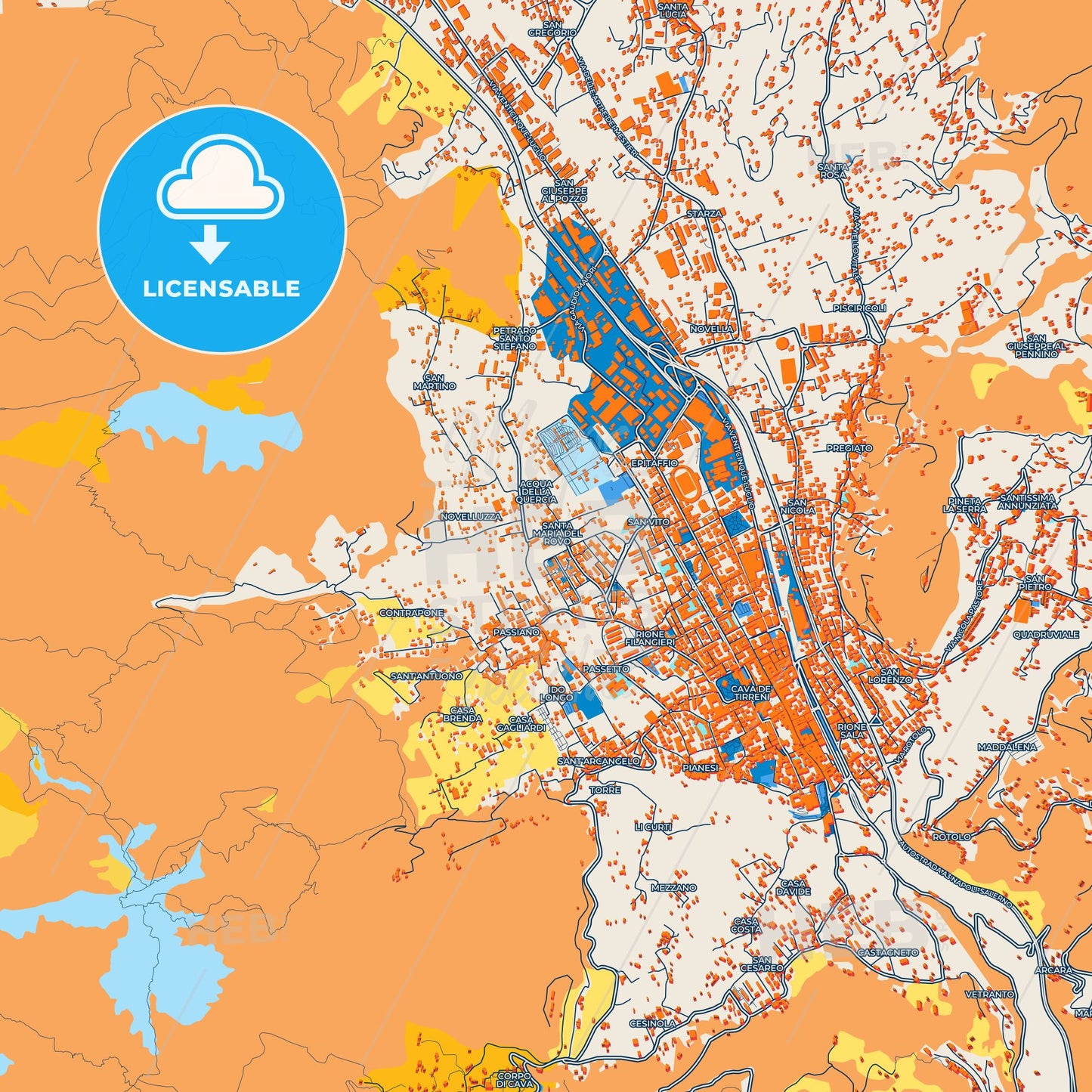 Colorful Cava de Tirreni Street Map with Labels and Buildings
