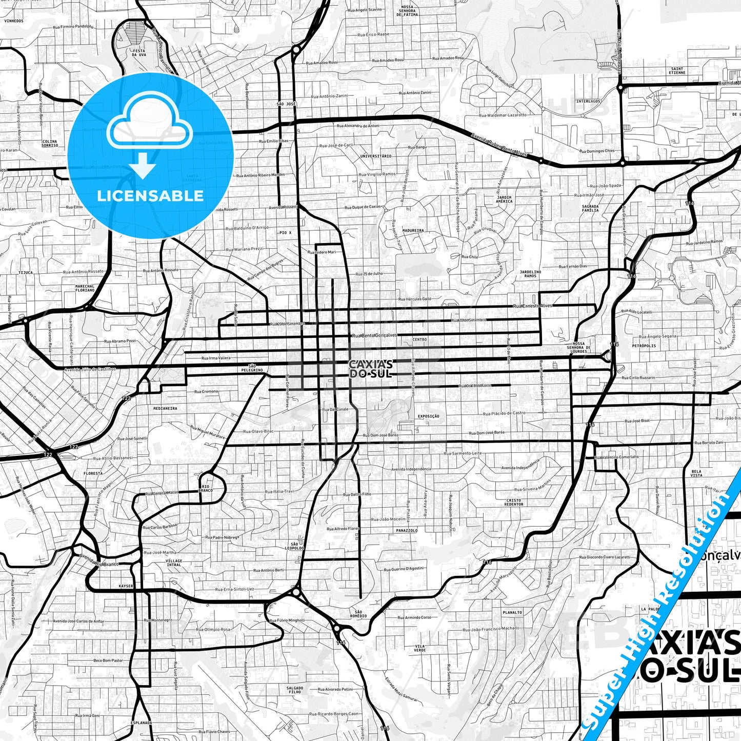 Caxias, Brazil Light Map with Street Names, City Names, and Districts