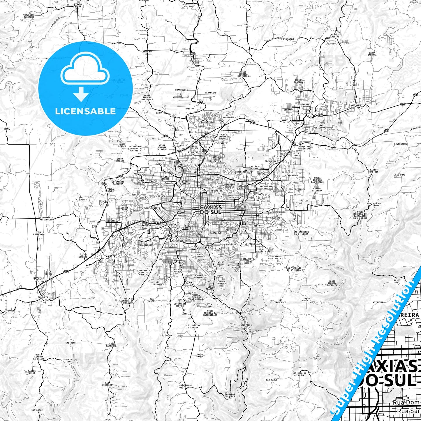 Caxias do Sul, Brazil light map with streetnames, citynames and districts
