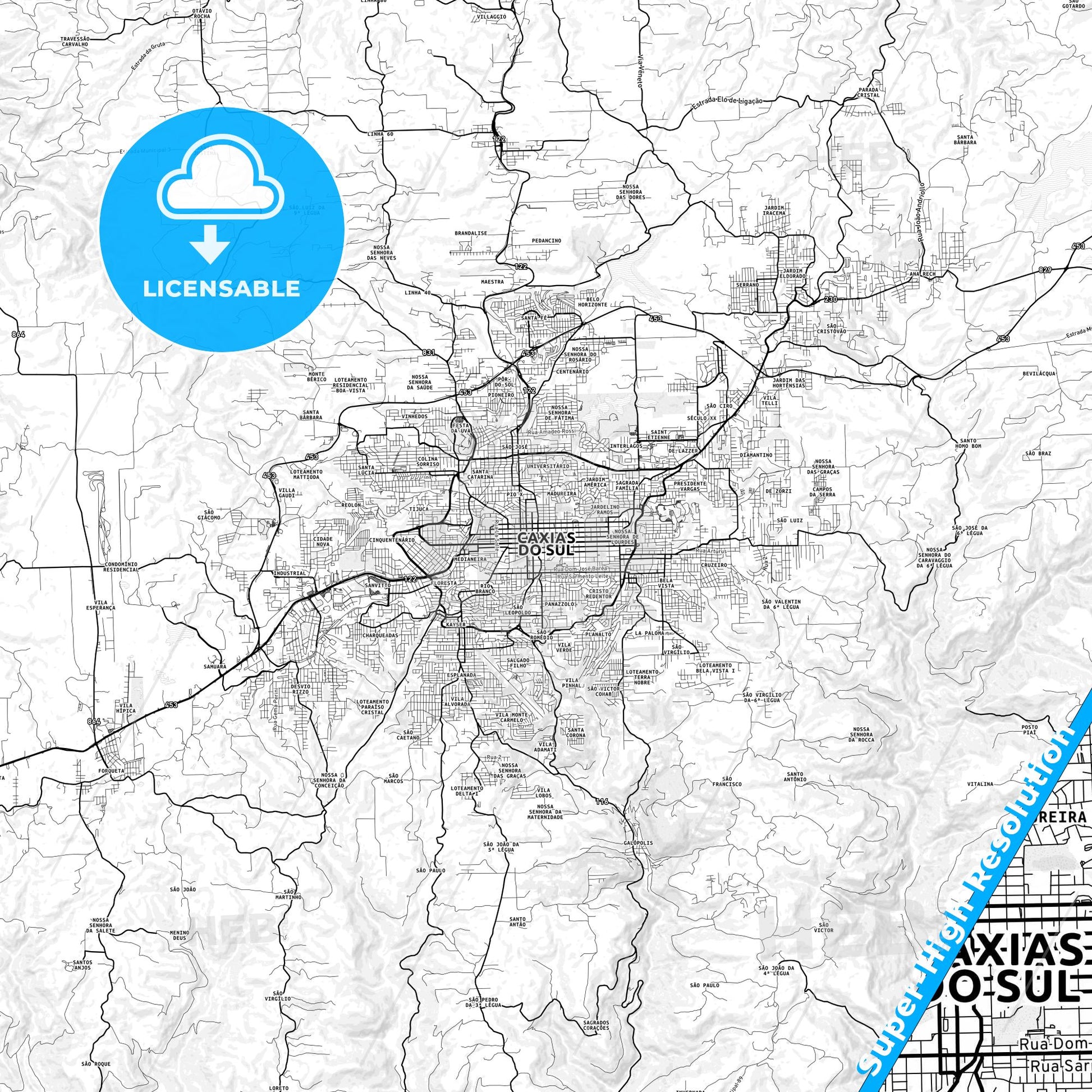 Caxias do Sul, Brazil light map with streetnames, citynames and districts