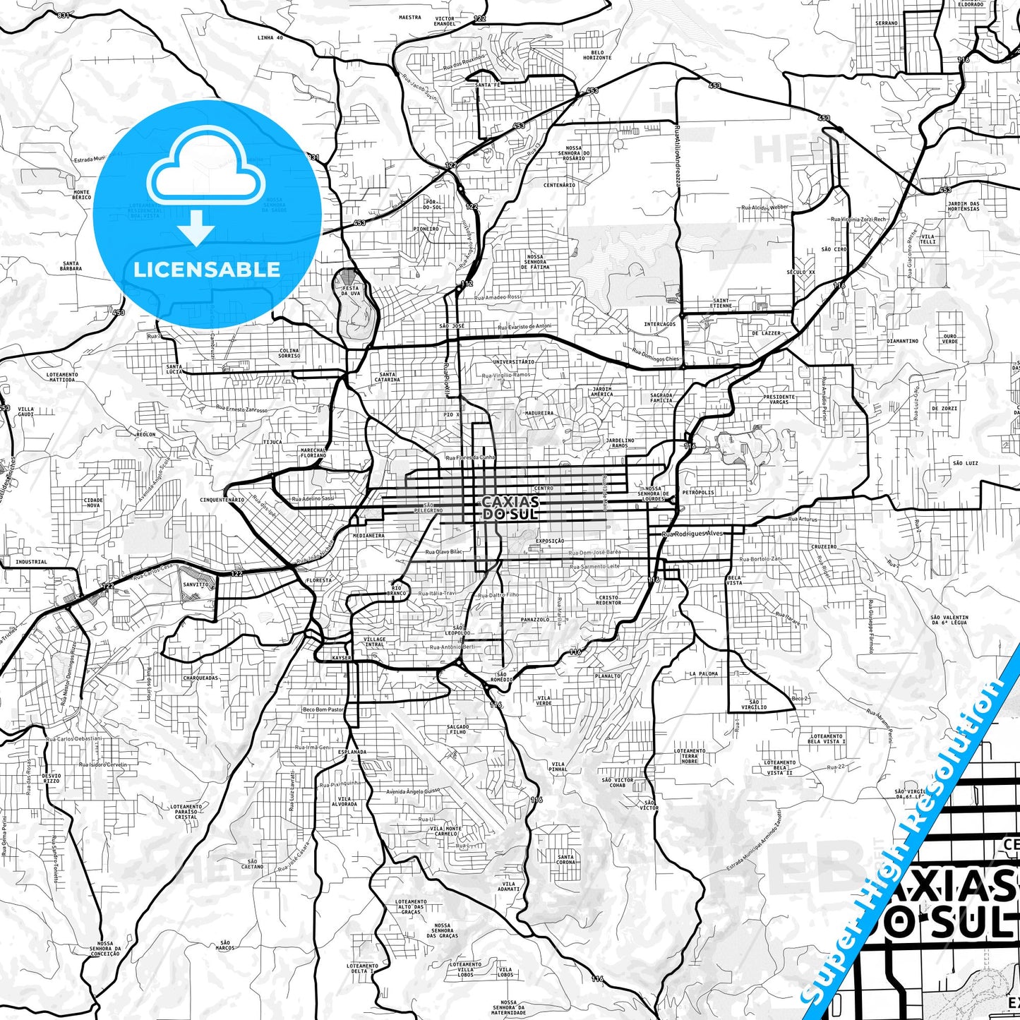 Caxias do Sul, Brazil Light Map with Street Names, City Names, and Districts