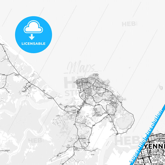 Cayenne, France light map with streetnames, citynames and districts