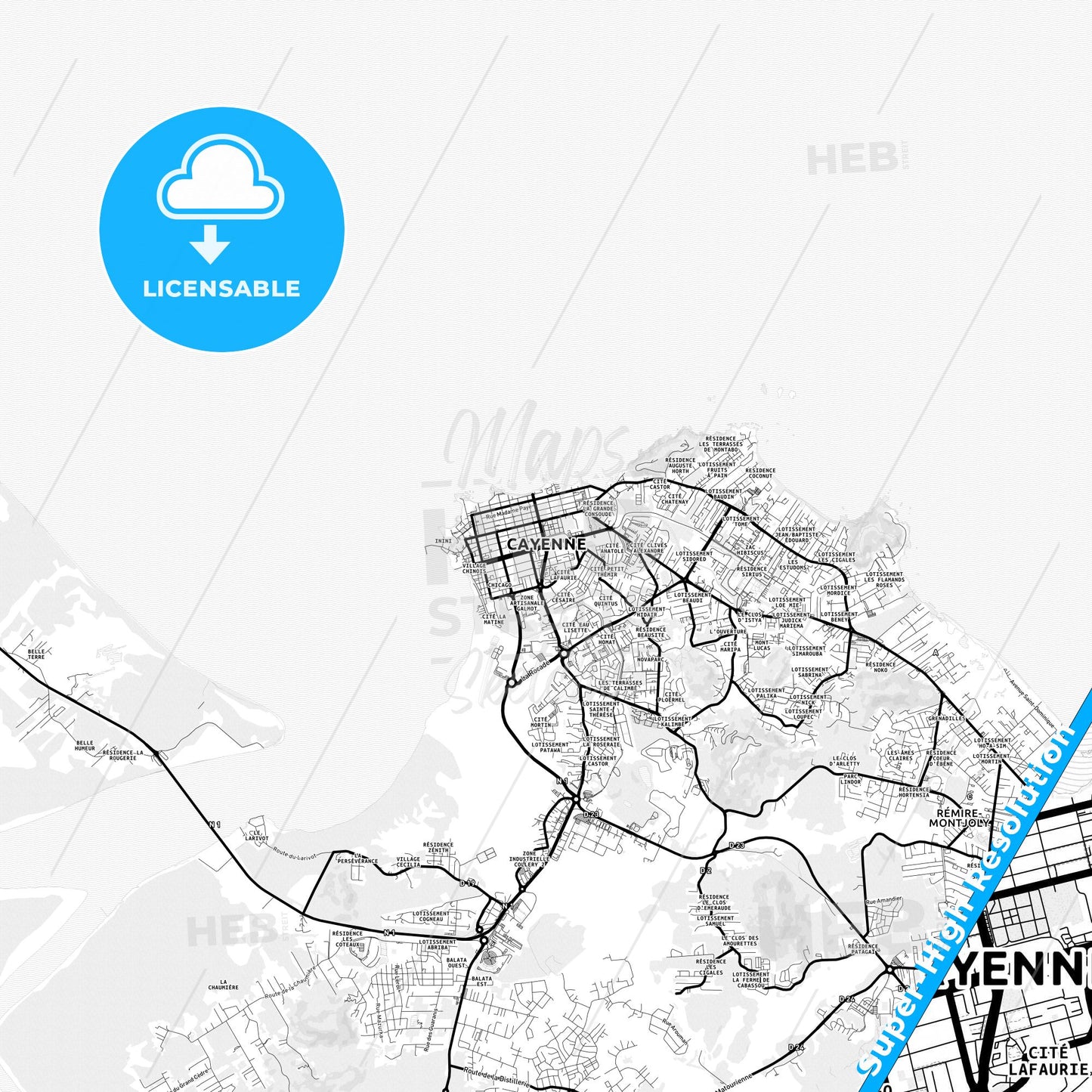Cayenne, France Light Map with Street Names, City Names, and Districts