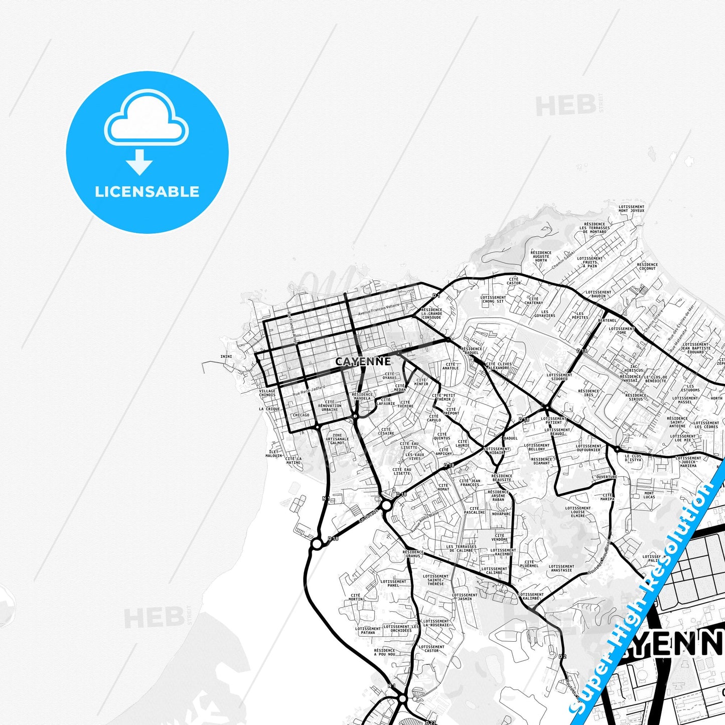 Cayenne, France Light Map with Street Names, City Names, and Districts