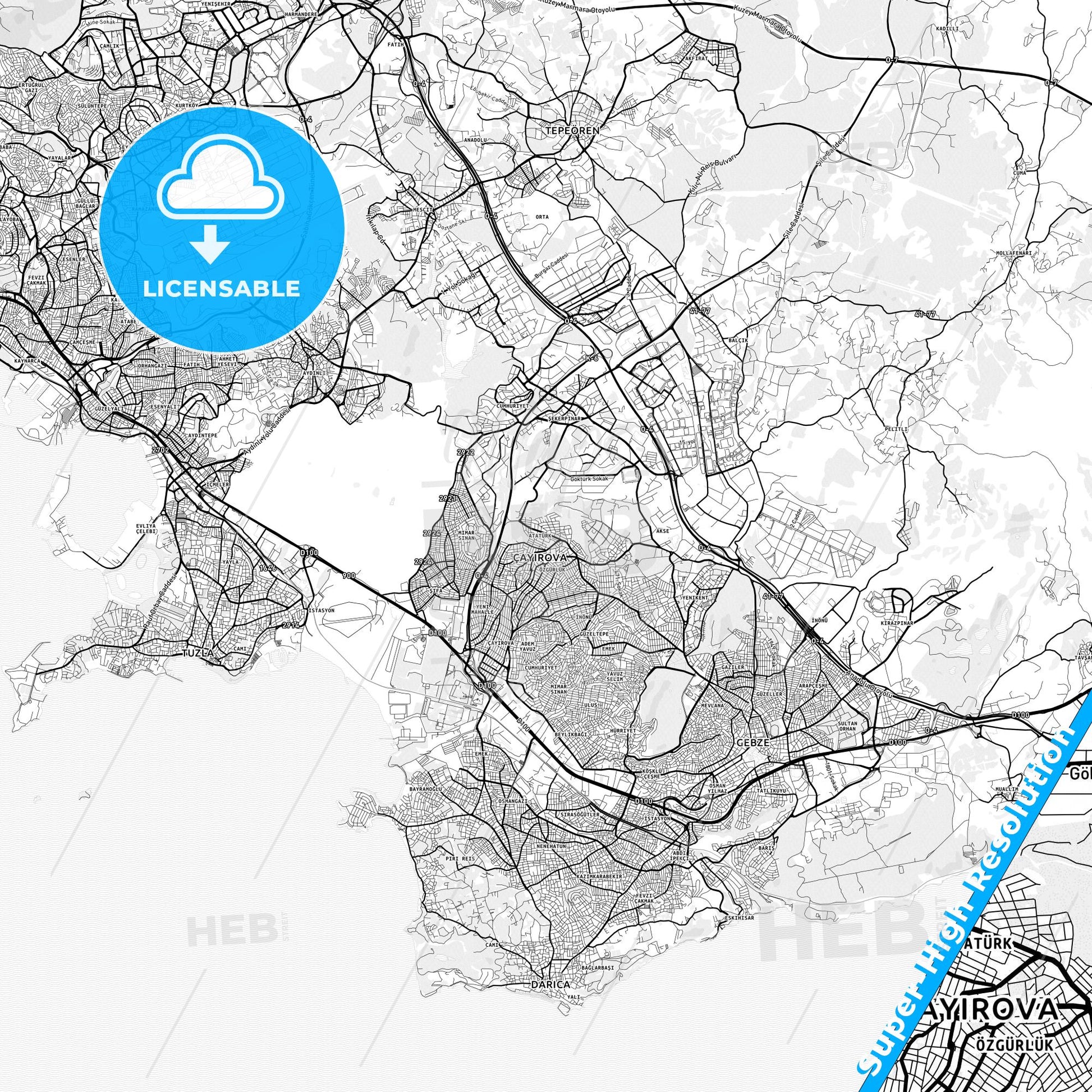 Çayırova, Turkey light map with streetnames, citynames and districts