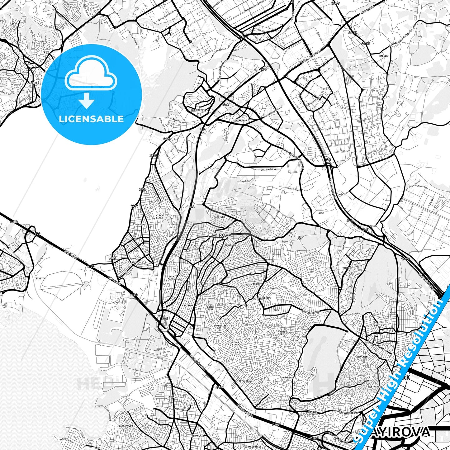 Çayırova, Turkey Light Map with Street Names, City Names, and Districts