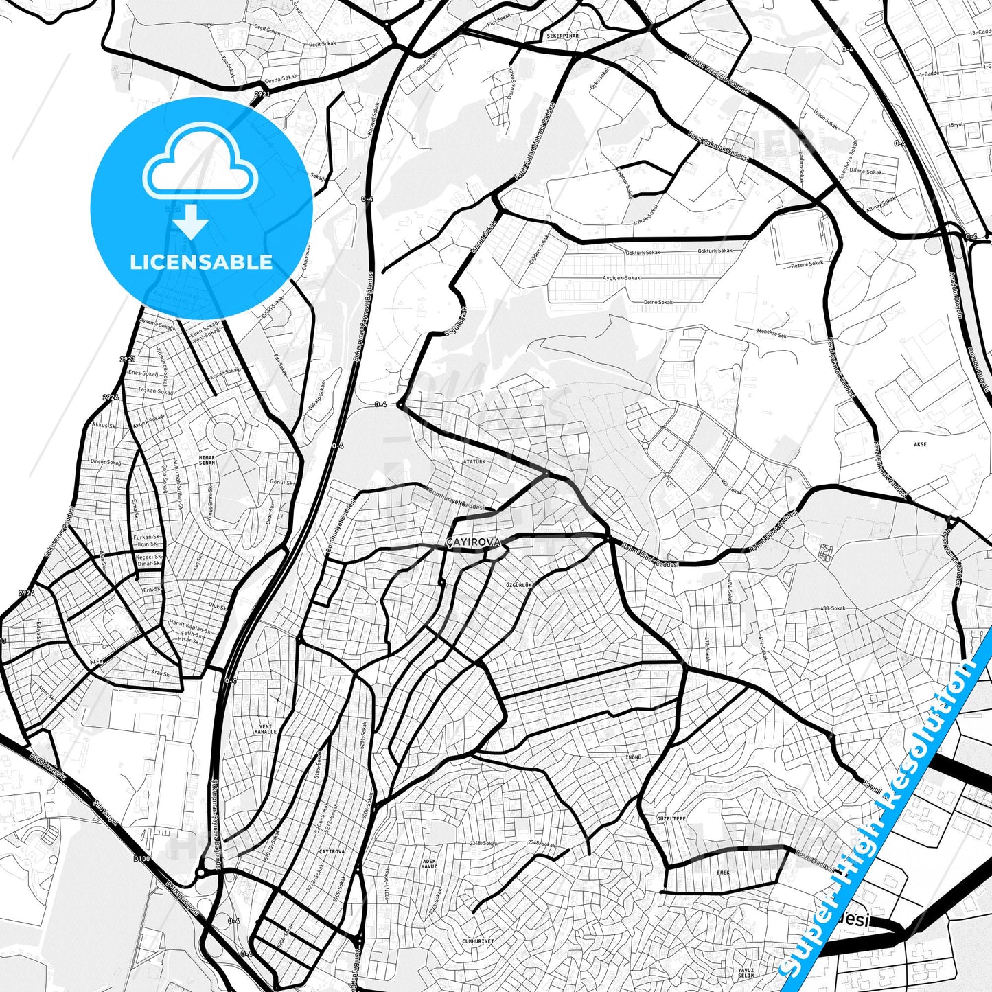 Çayırova, Turkey Light Map with Street Names, City Names, and Districts