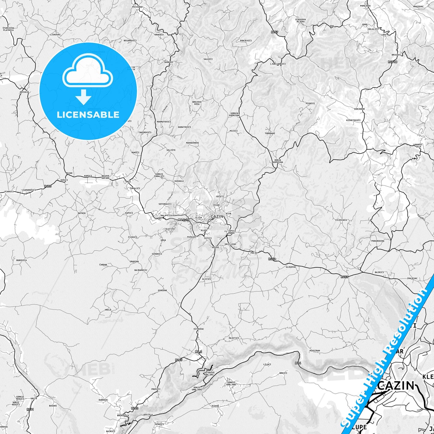 Cazin, Bosnia and Herzegovina light map with streetnames, citynames and districts
