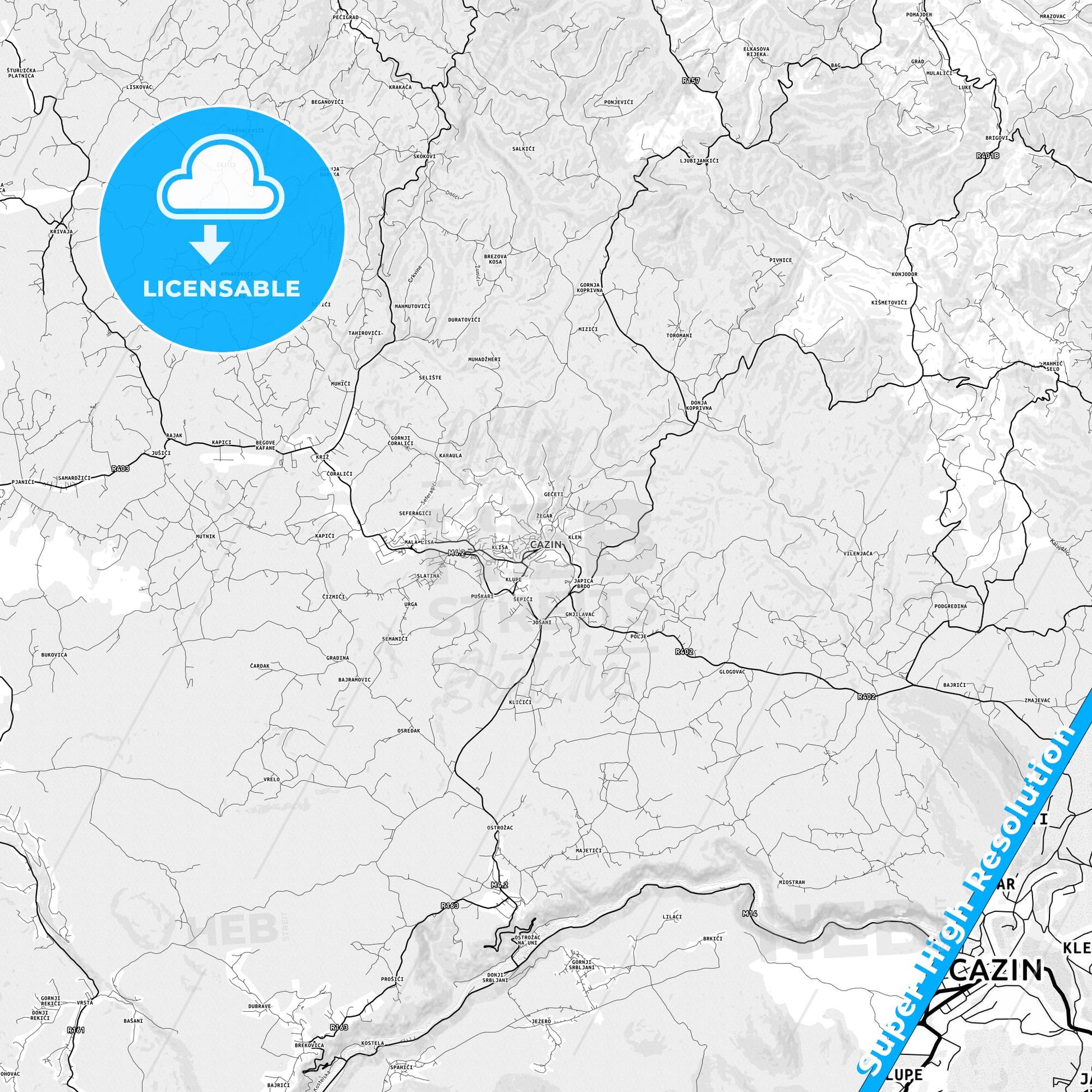 Cazin, Bosnia and Herzegovina light map with streetnames, citynames and districts