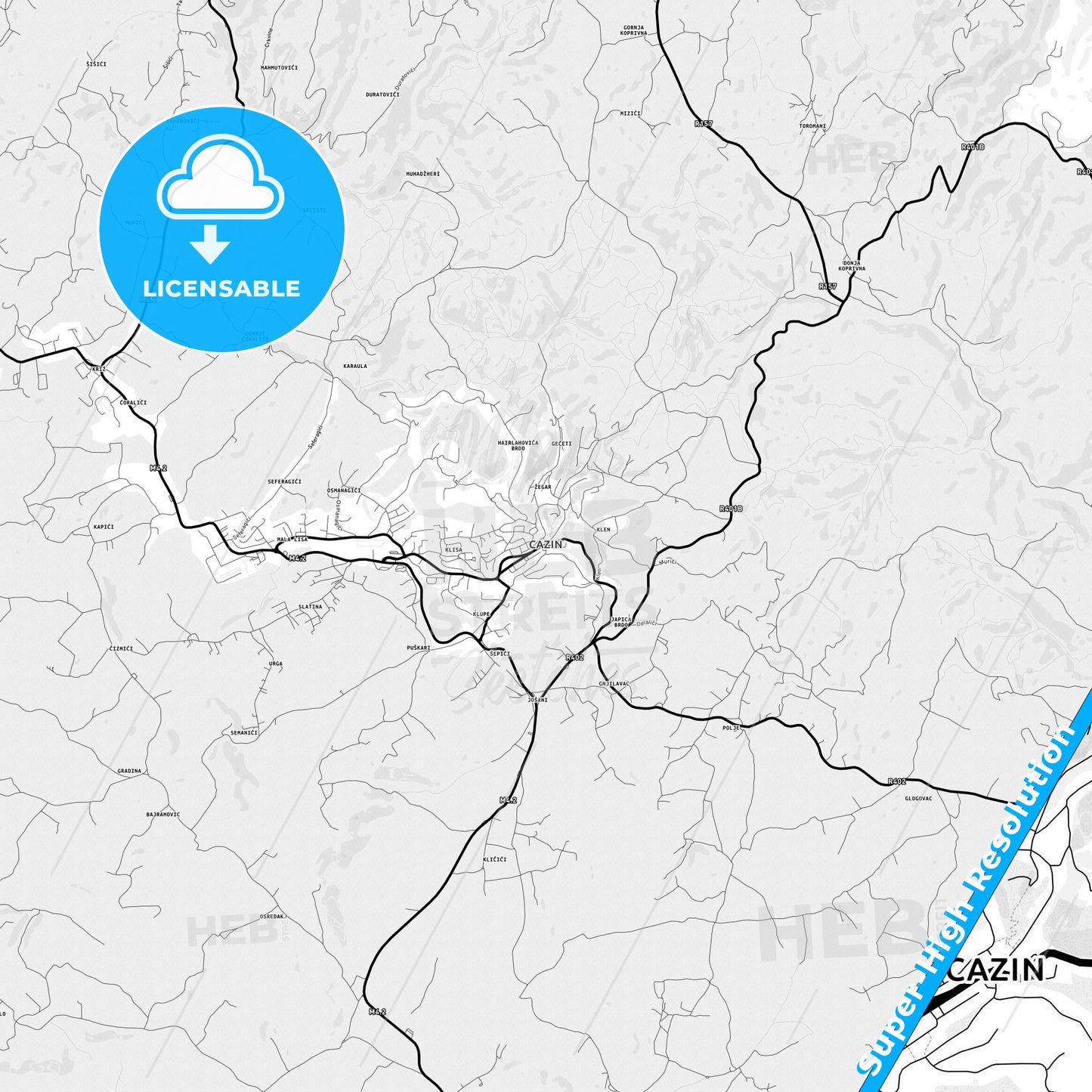 Cazin, Bosnia and Herzegovina Light Map with Street Names, City Names, and Districts