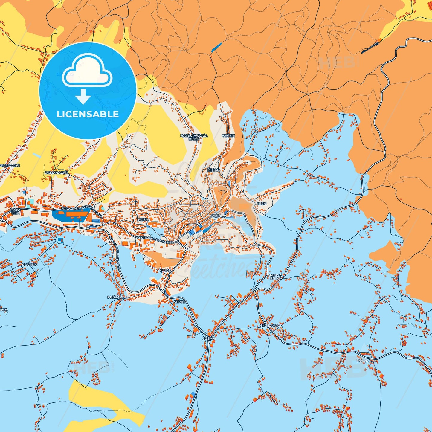 Colorful Cazin Street Map with Labels and Buildings