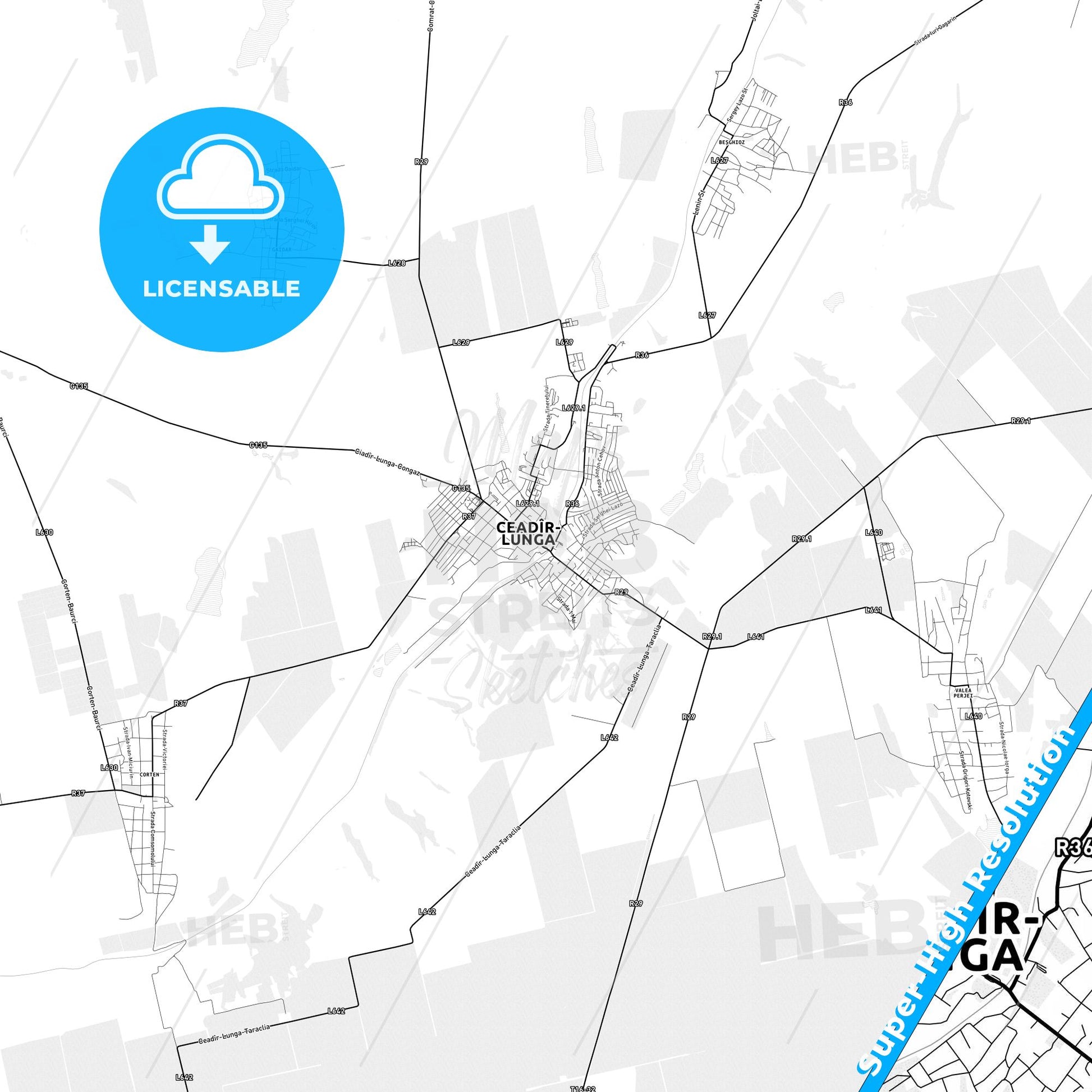 Ceadâr-Lunga, Moldova light map with streetnames, citynames and districts