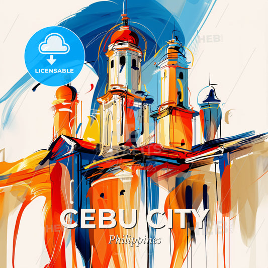 Vibrant Cebu City, Philippines - A Painting Of A Building With Towers - Square format print template