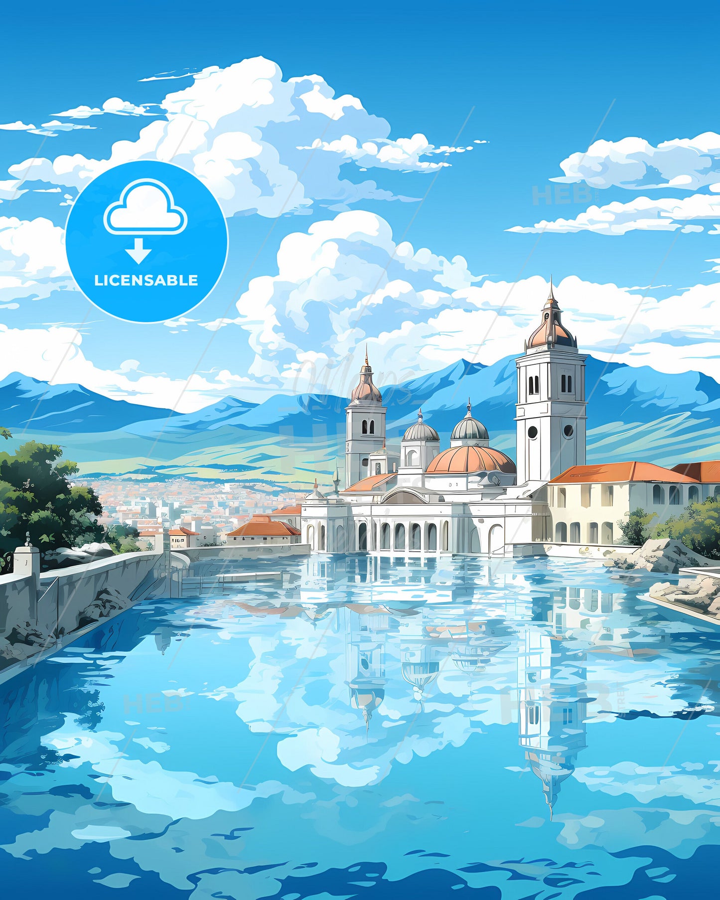 Abstract Colorful Vibrant Artistic Cebu City Philippines Skyline Painting Water Buildings Mountains