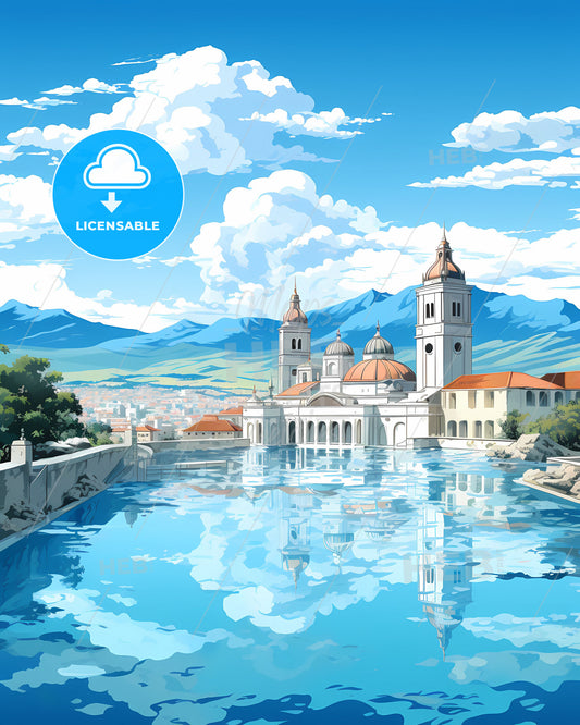 Abstract Colorful Vibrant Artistic Cebu City Philippines Skyline Painting Water Buildings Mountains