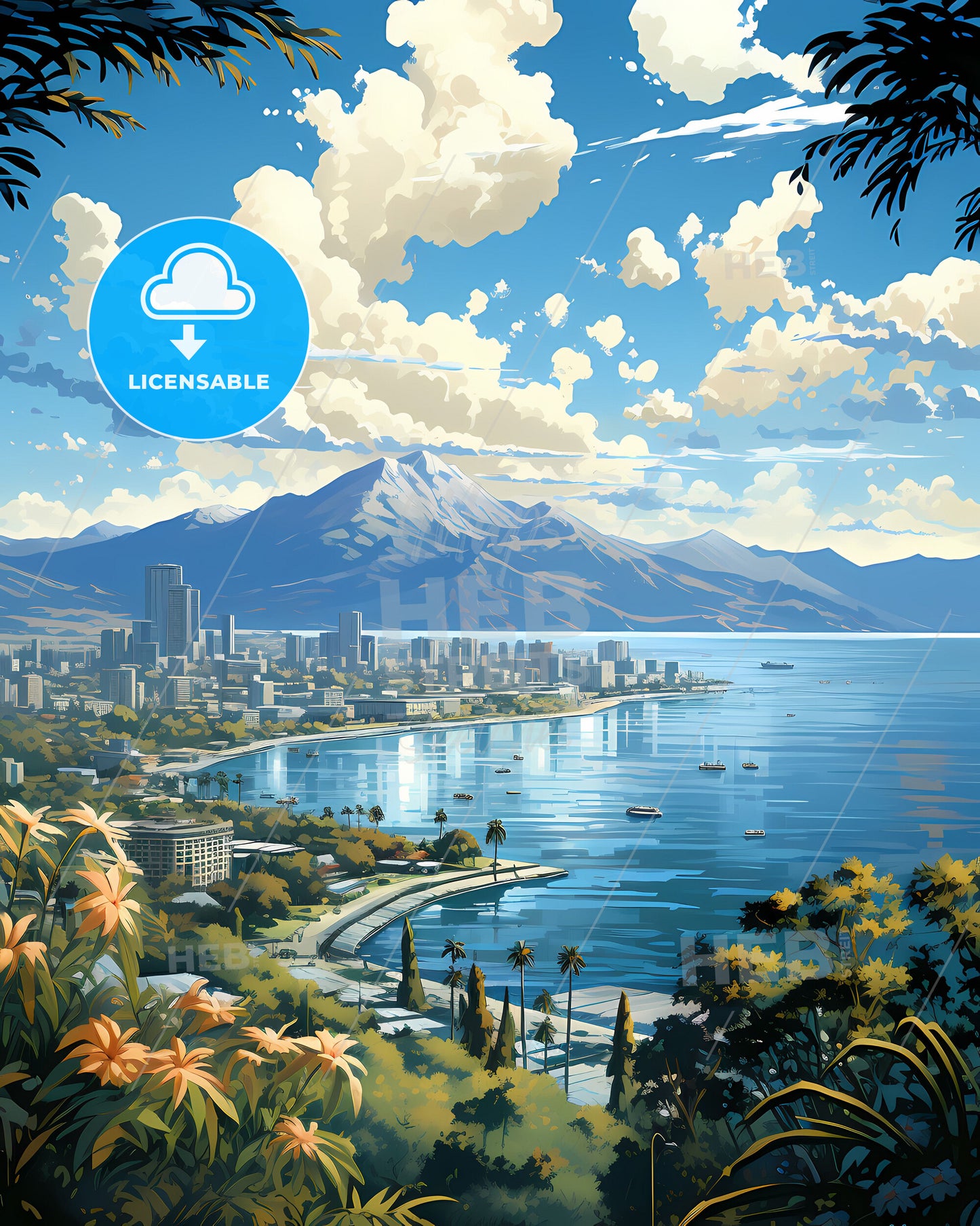 Vibrant Cebu City Philippines Skyline Panorama Painting Depicting City by the Sea