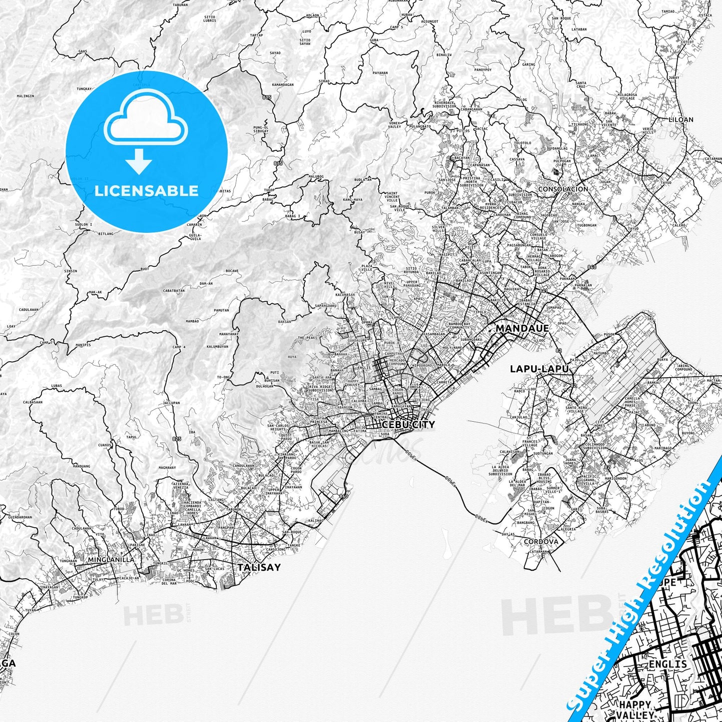 Cebu City, Philippines light map with streetnames, citynames and districts