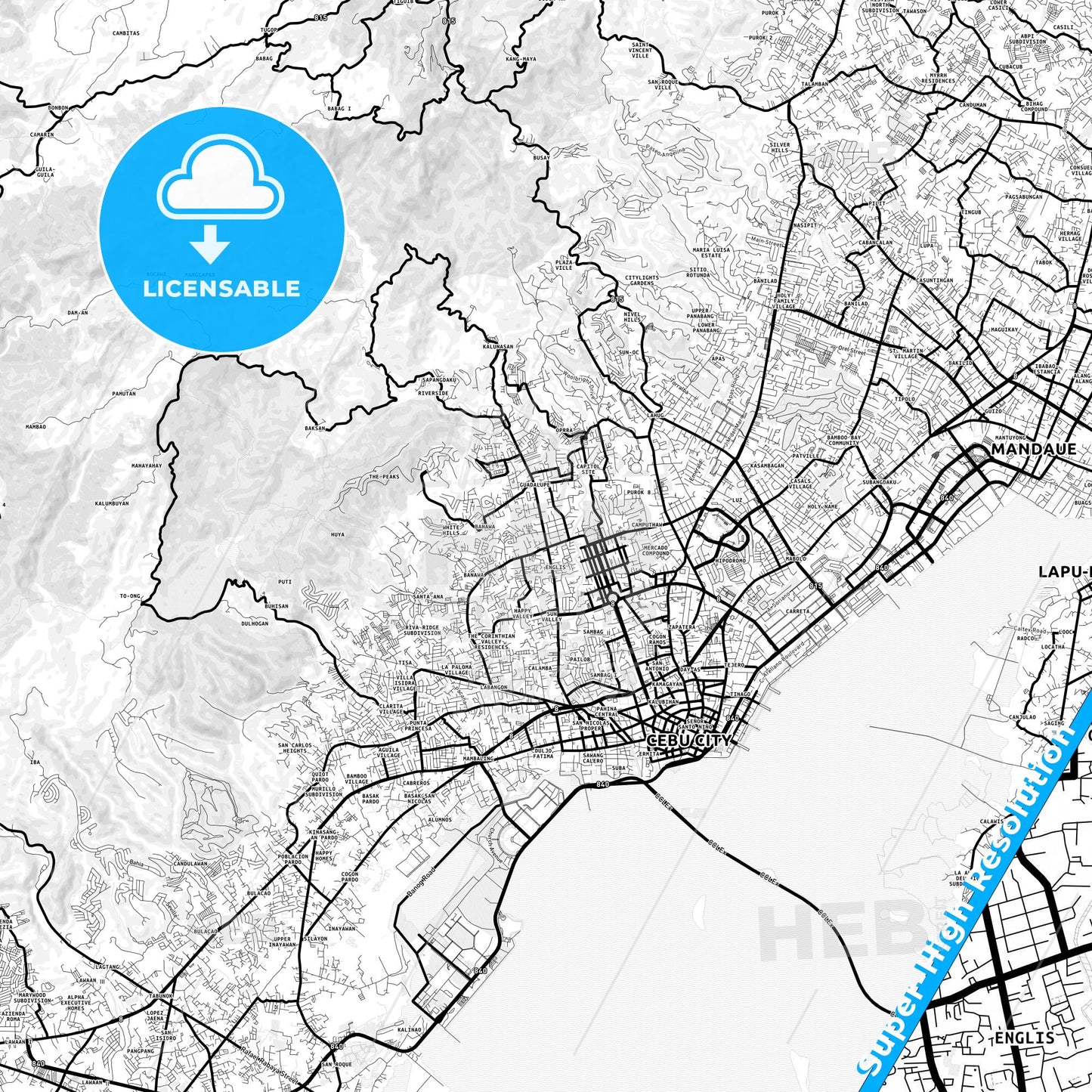 Cebu City, Philippines Light Map with Street Names, City Names, and Districts