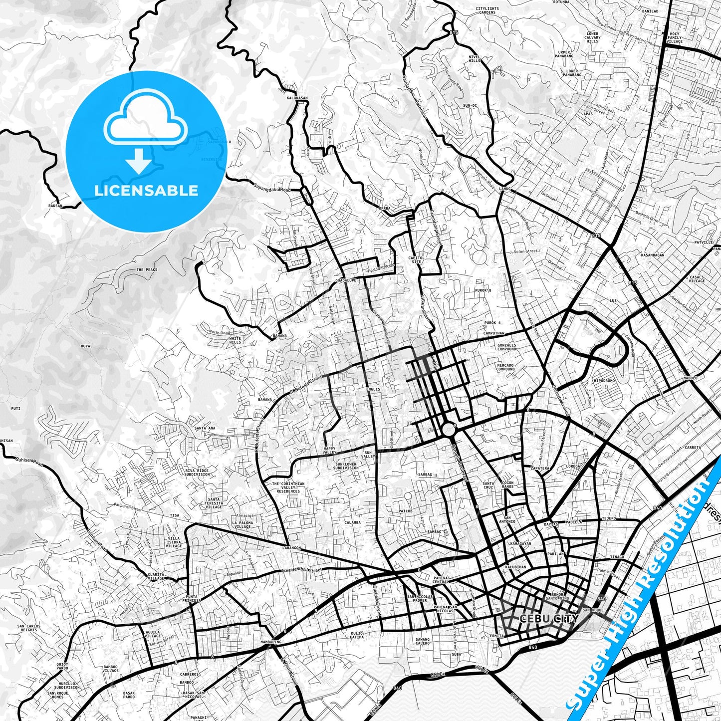 Cebu City, Philippines Light Map with Street Names, City Names, and Districts