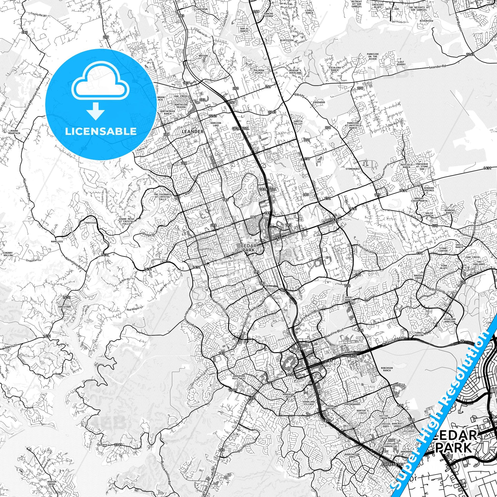 Cedar Park, Texas light map with streetnames, citynames and districts