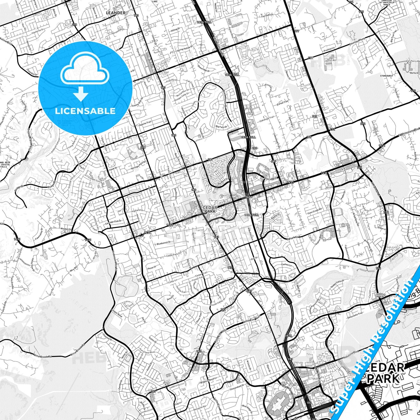 Cedar Park, Texas Light Map with Street Names, City Names, and Districts