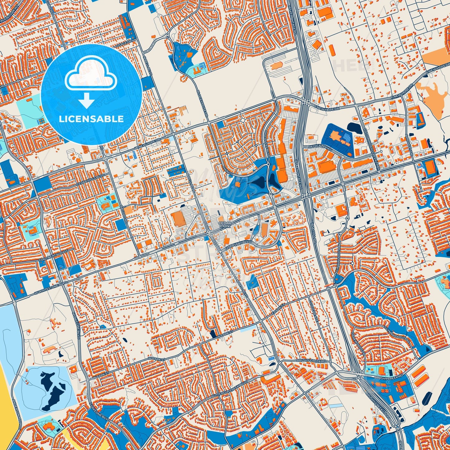 Colorful Cedar Park Street Map with Labels and Buildings