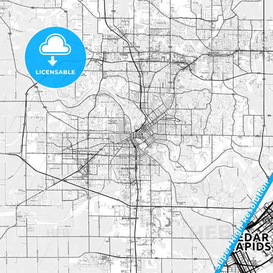 Cedar Rapids, Iowa light map with streetnames, citynames and districts