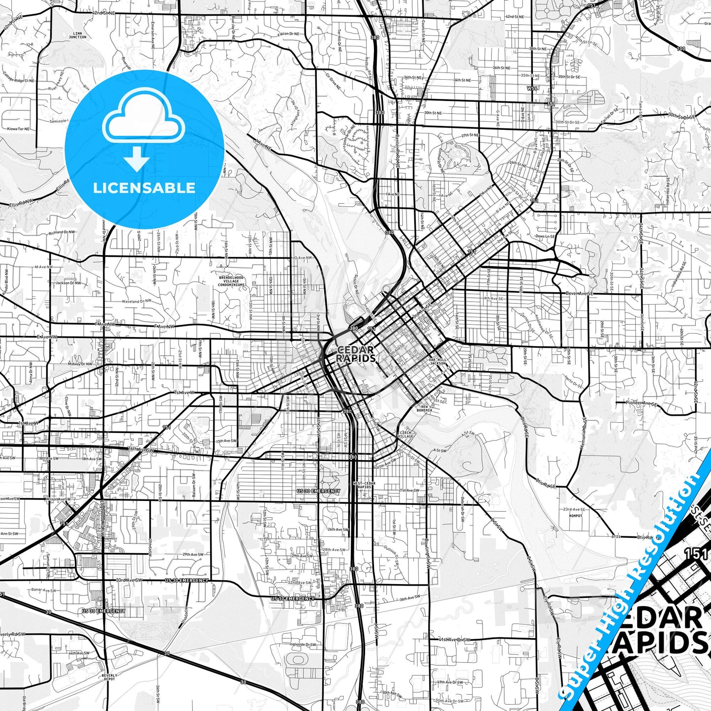Cedar Rapids, Iowa Light Map with Street Names, City Names, and Districts