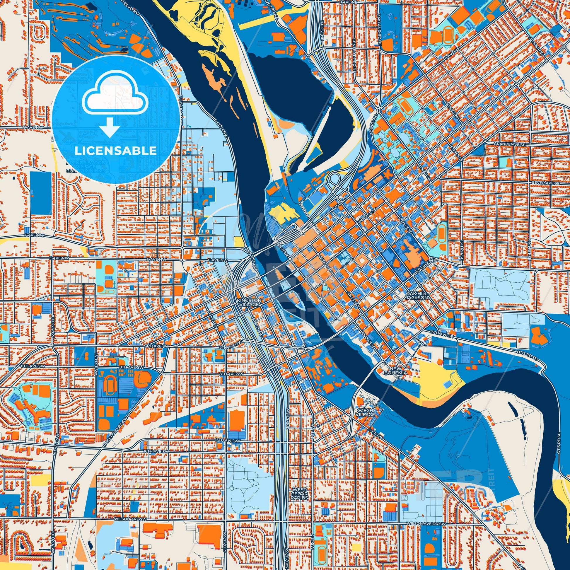 Colorful Cedar Rapids Street Map with Labels and Buildings