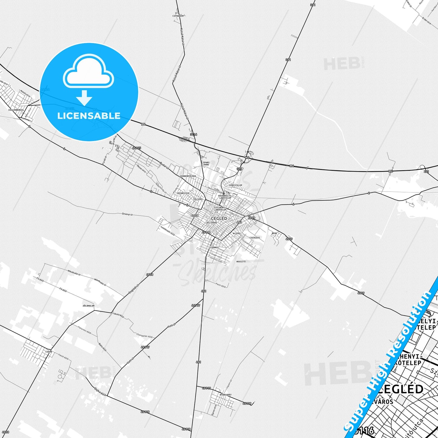 Cegléd, Hungary light map with streetnames, citynames and districts