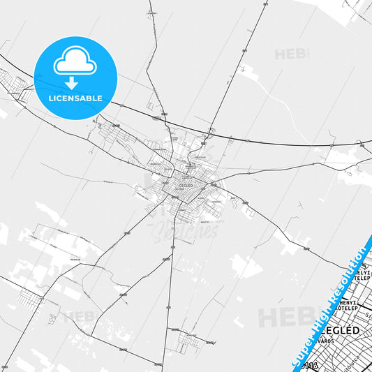 Cegléd, Hungary light map with streetnames, citynames and districts