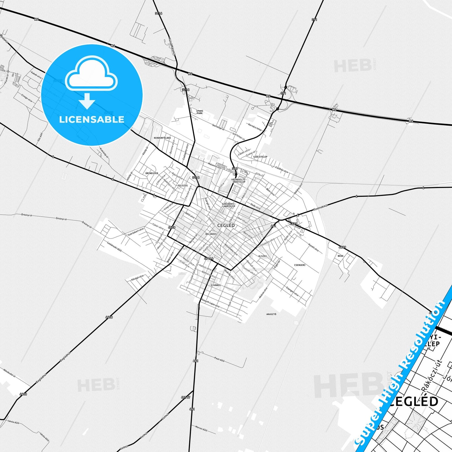 Cegléd, Hungary Light Map with Street Names, City Names, and Districts