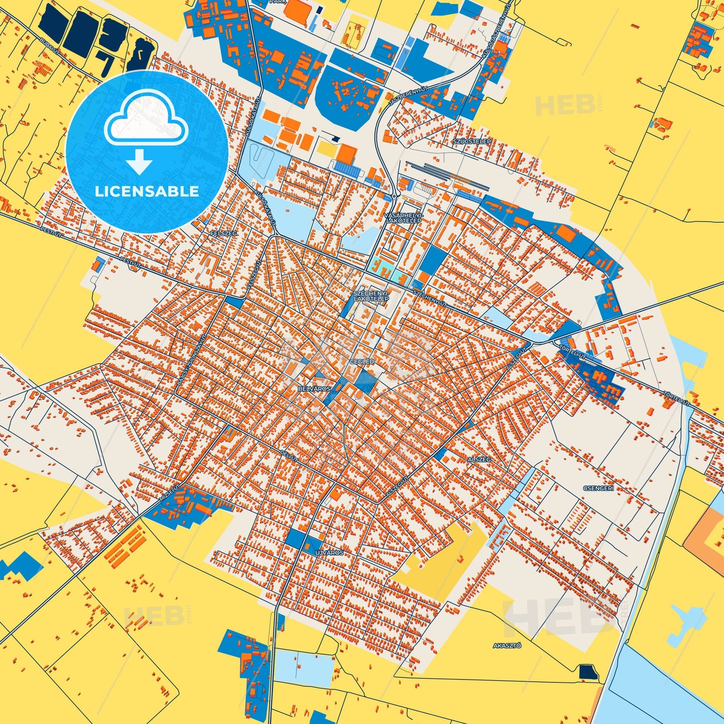 Colorful Cegléd Street Map with Labels and Buildings