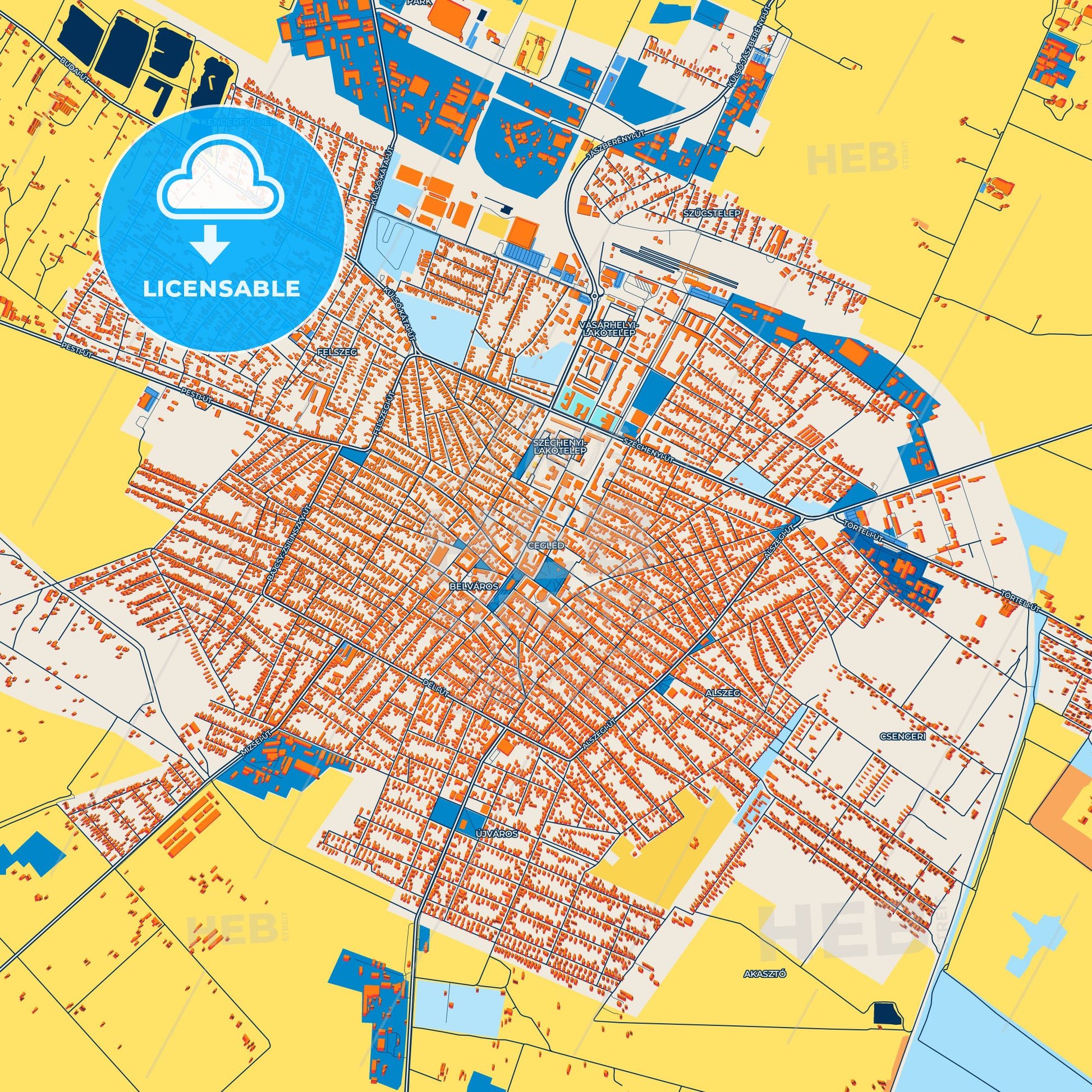 Colorful Cegléd Street Map with Labels and Buildings