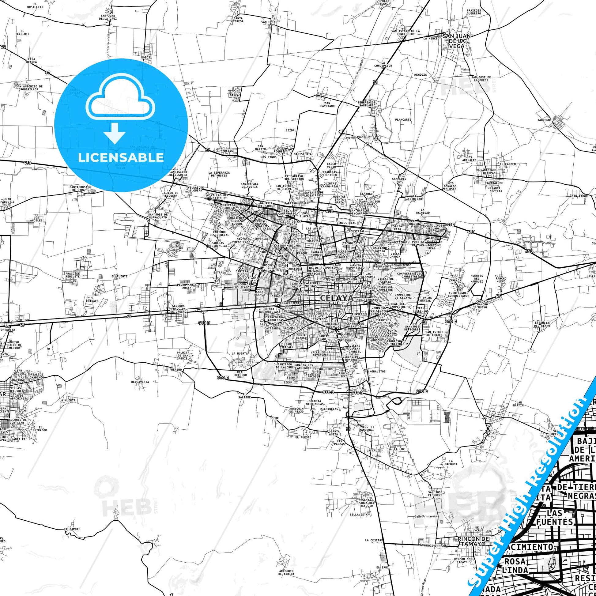 Celaya, Mexico light map with streetnames, citynames and districts