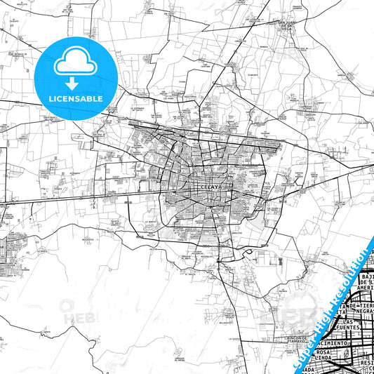 Celaya, Mexico light map with streetnames, citynames and districts