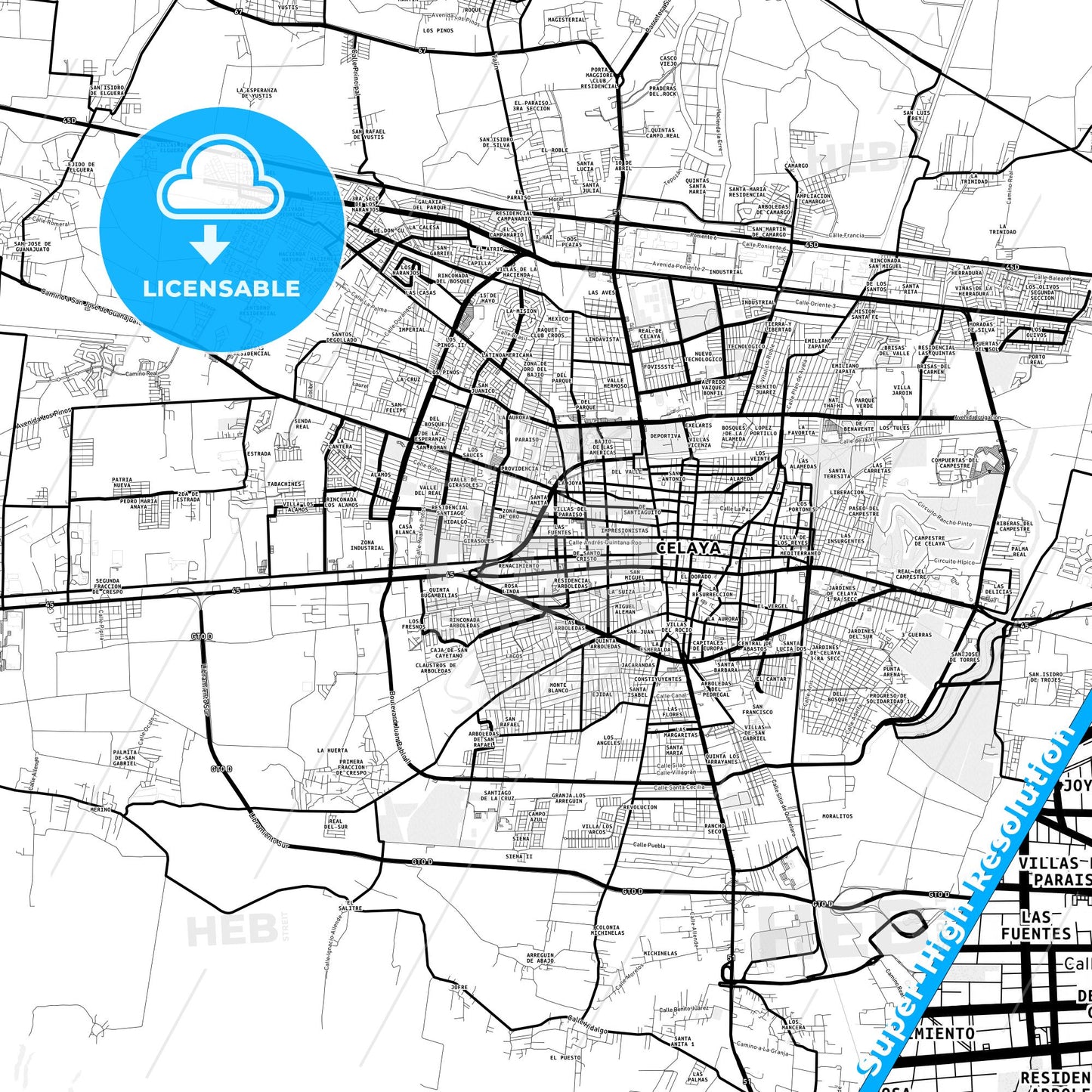 Celaya, Mexico Light Map with Street Names, City Names, and Districts