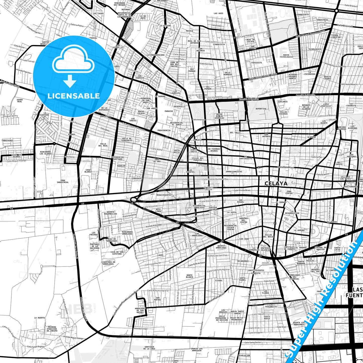 Celaya, Mexico Light Map with Street Names, City Names, and Districts