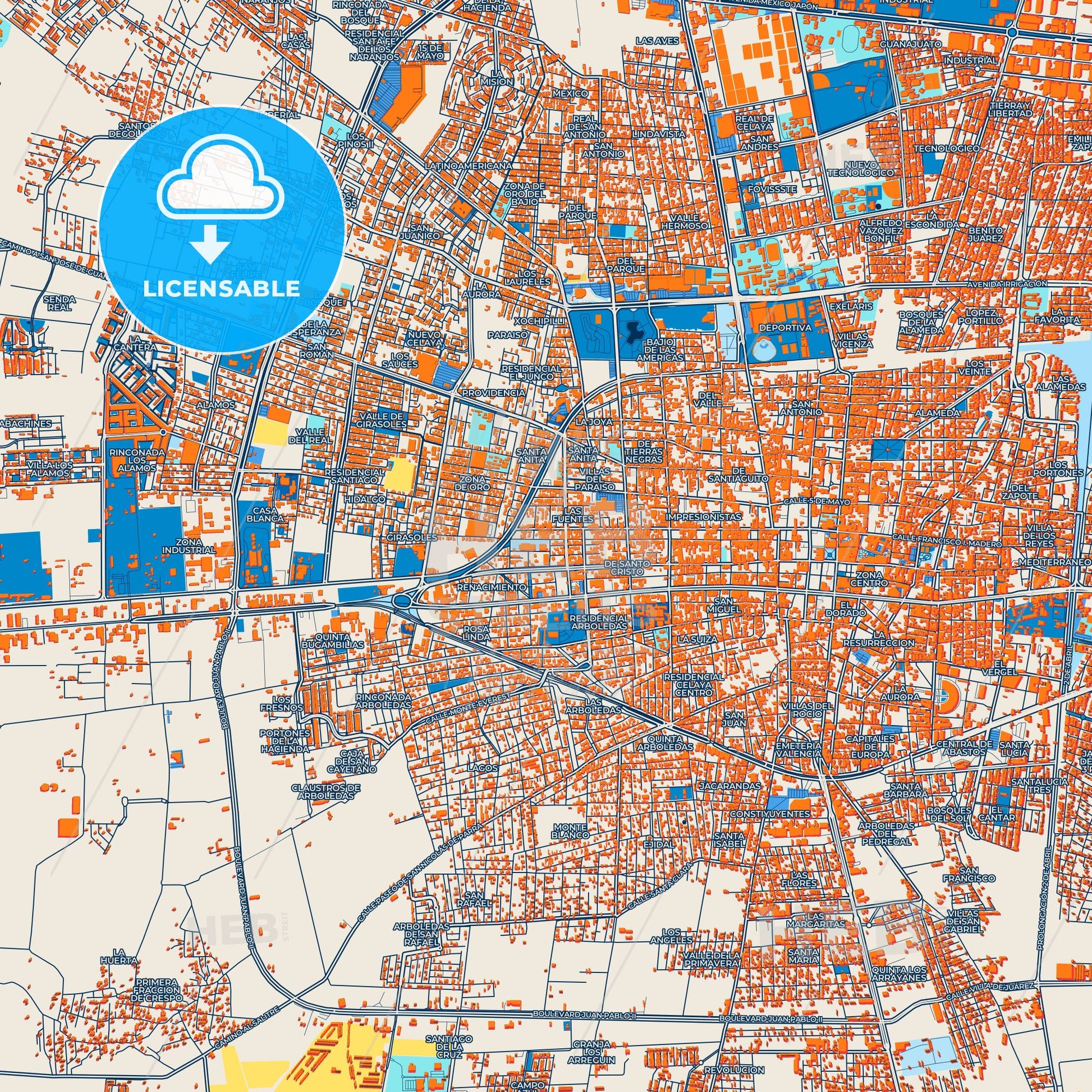 Colorful Celaya Street Map with Labels and Buildings