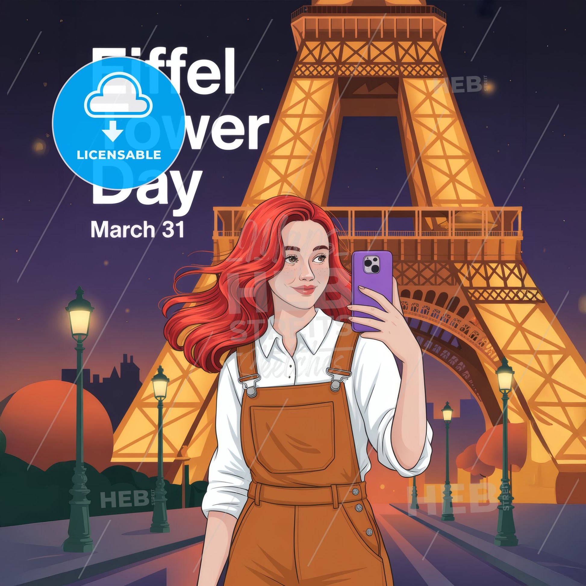 Celebrate Eiffel Tower Day: A Young Woman Enjoying Parisian Nightlife and Taking Selfies