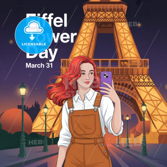Celebrate Eiffel Tower Day: A Young Woman Enjoying Parisian Nightlife and Taking Selfies