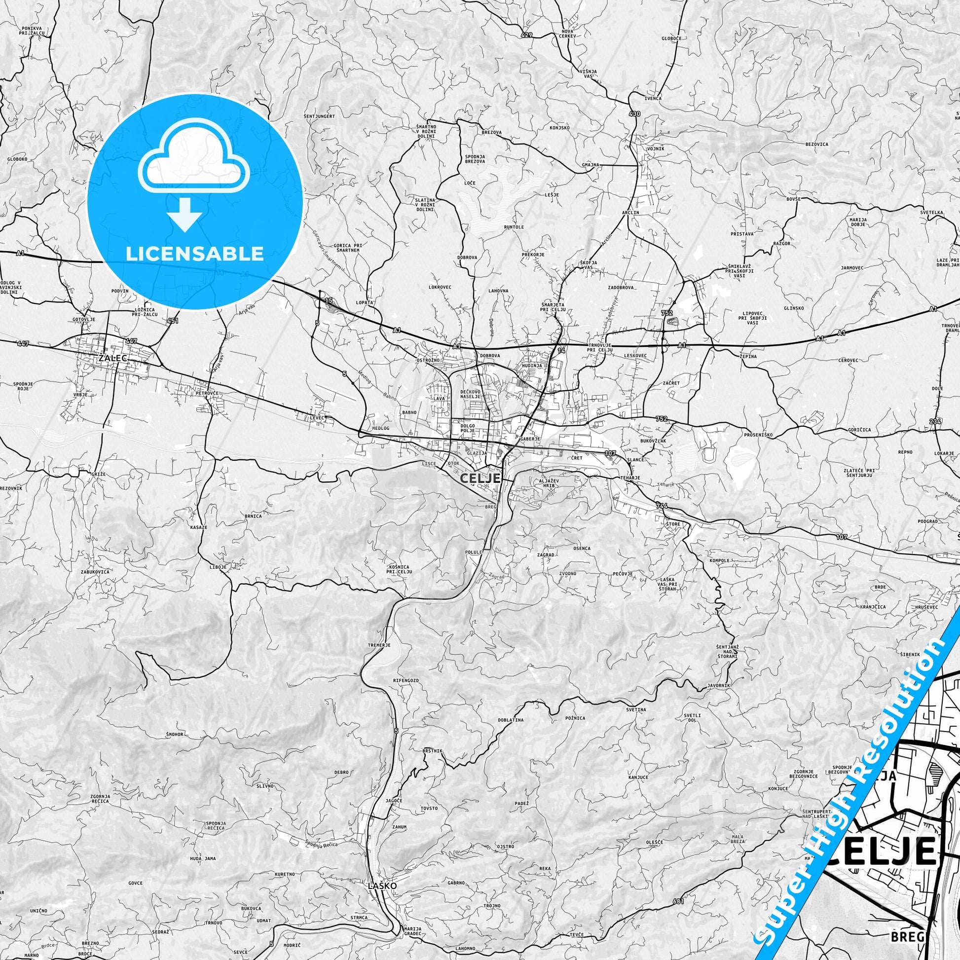 Celje, Slovenia light map with streetnames, citynames and districts