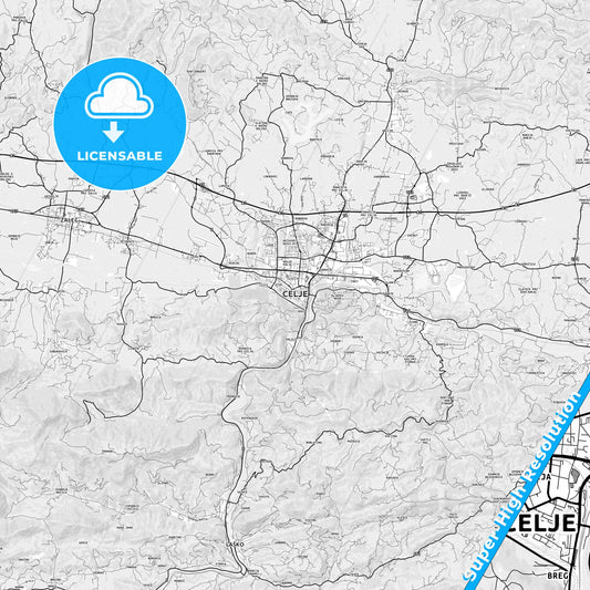 Celje, Slovenia light map with streetnames, citynames and districts