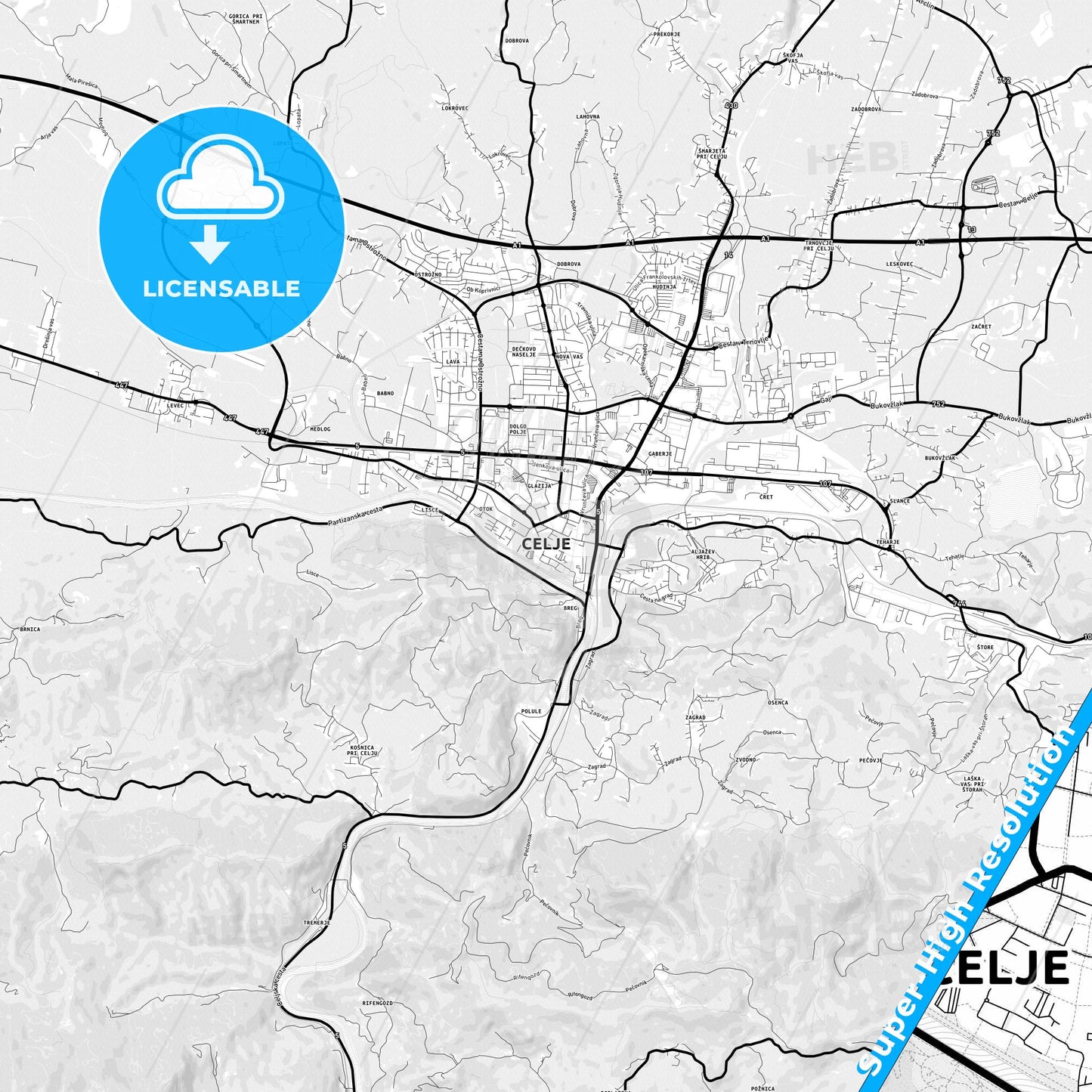 Celje, Slovenia Light Map with Street Names, City Names, and Districts