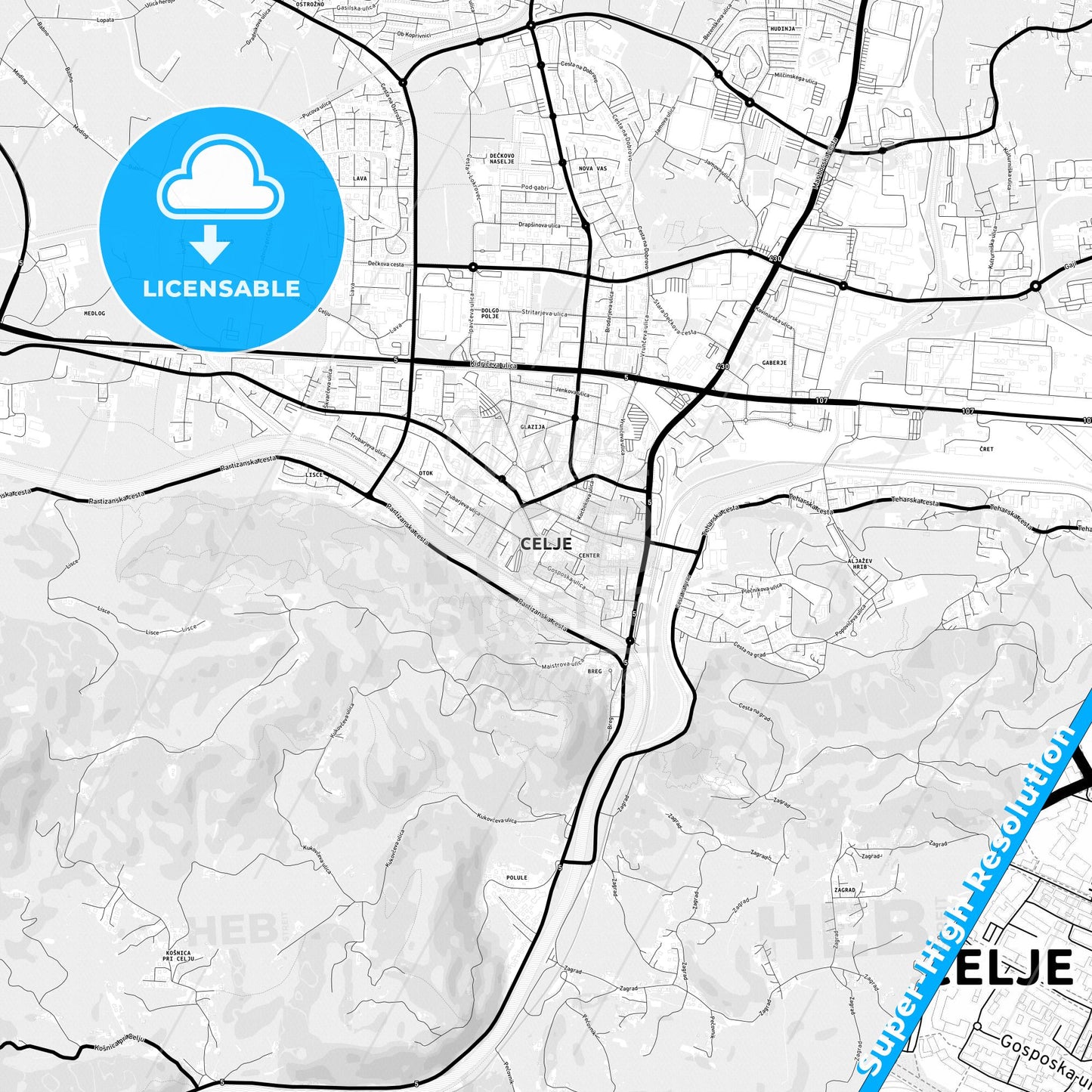 Celje, Slovenia Light Map with Street Names, City Names, and Districts