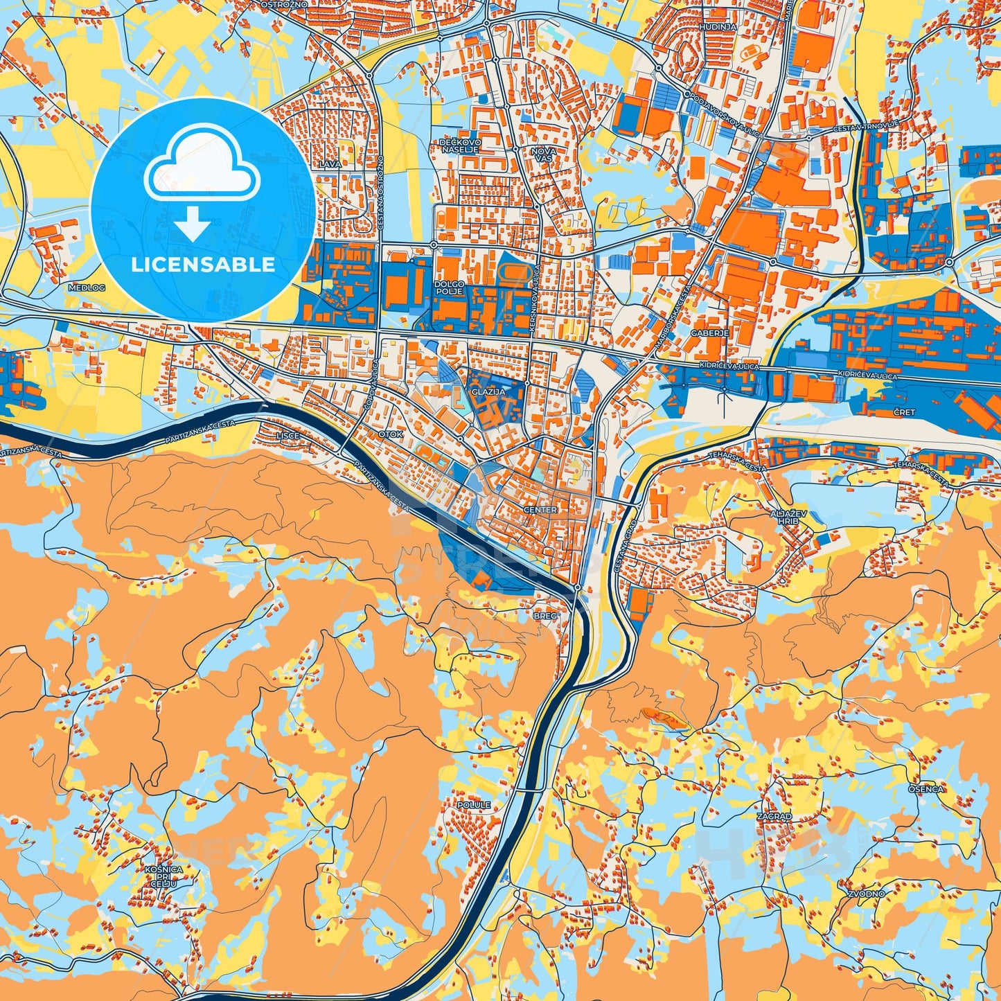 Colorful Celje Street Map with Labels and Buildings