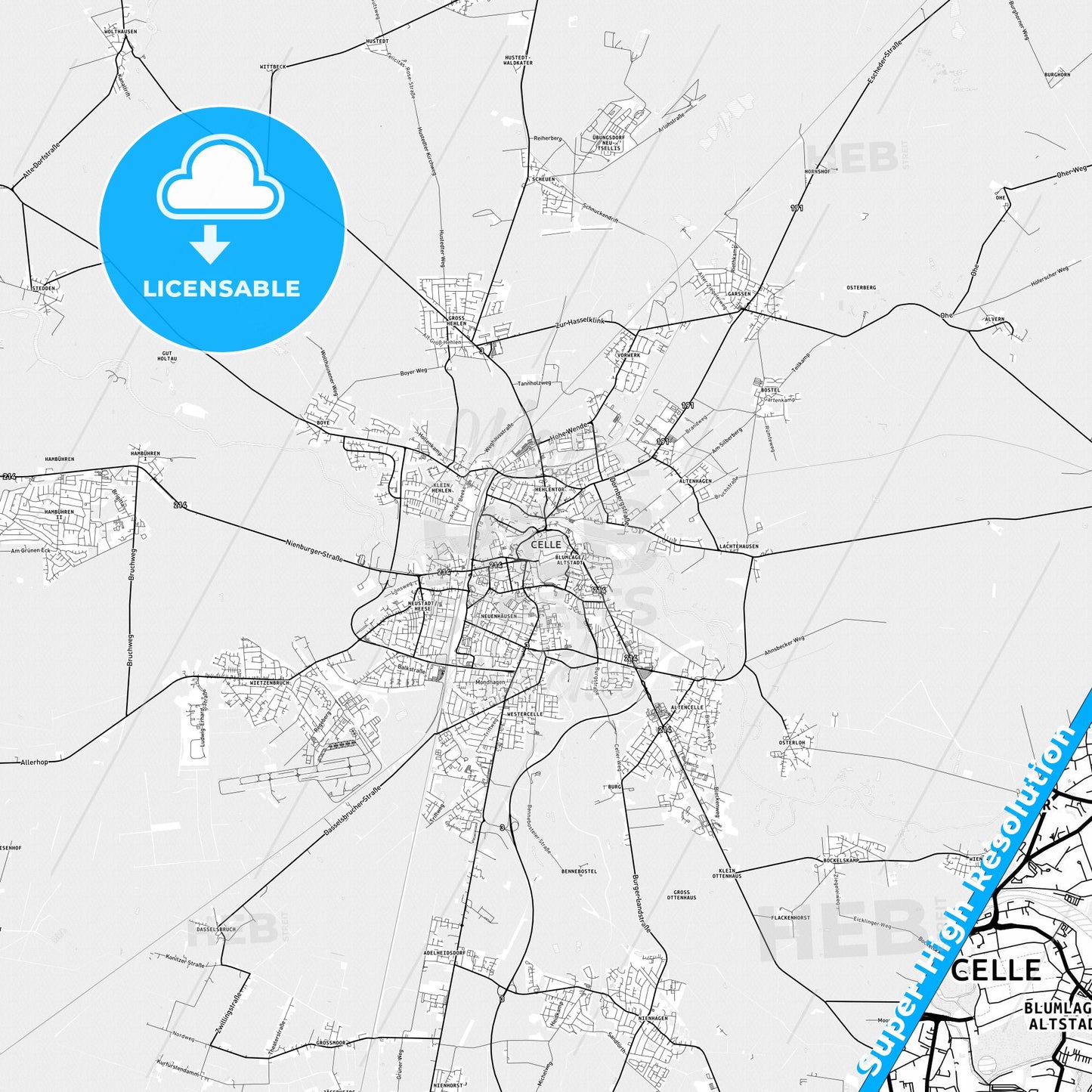Celle, Germany light map with streetnames, citynames and districts
