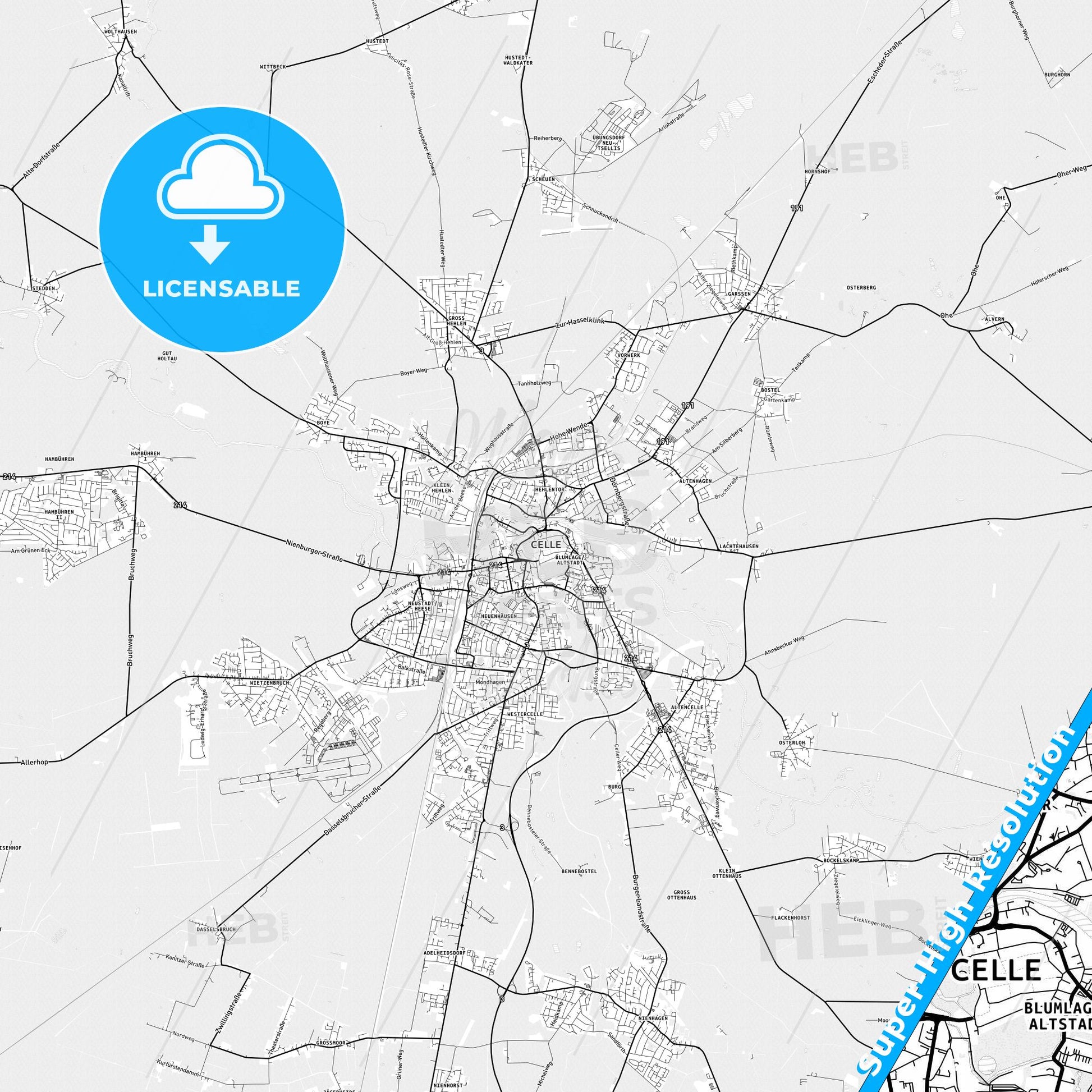 Celle, Germany light map with streetnames, citynames and districts