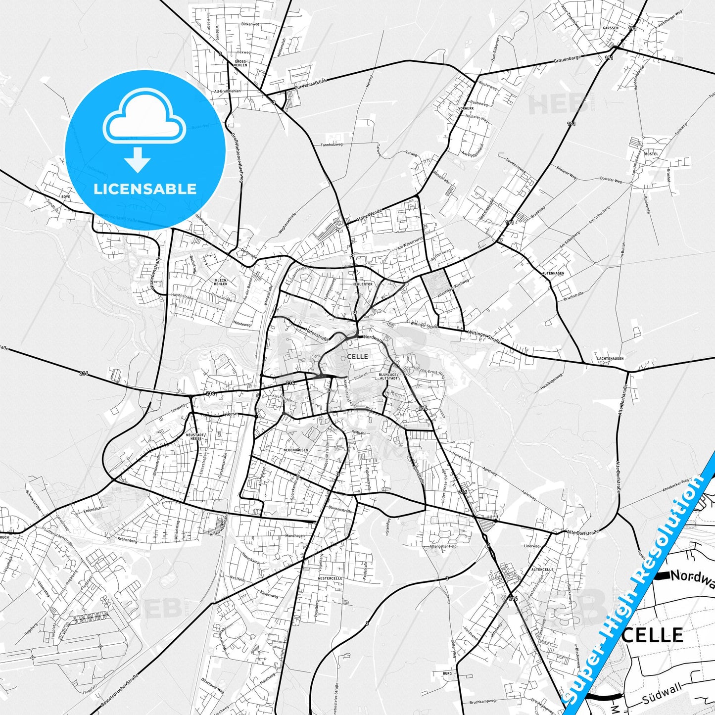 Celle, Germany Light Map with Street Names, City Names, and Districts